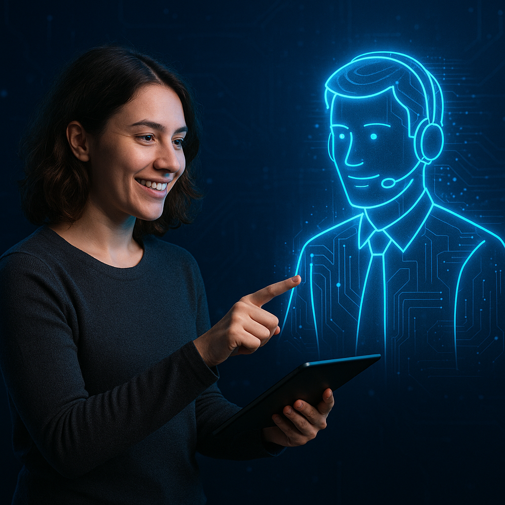A woman interacting with a holographic AI assistant projected from her tablet in a dark blue, high-tech setting—symbolizing digital collaboration and innovative customer support at Kynice Designs.