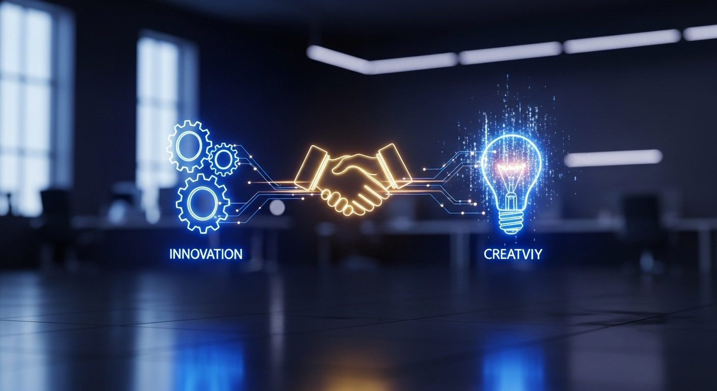 A futuristic digital workspace glowing in deep navy and gold neon tones, showcasing holographic icons of gears, a handshake, and a lightbulb symbolizing innovation, trust, and creativity — reflecting Kynice Designs’ AI-powered branding values.