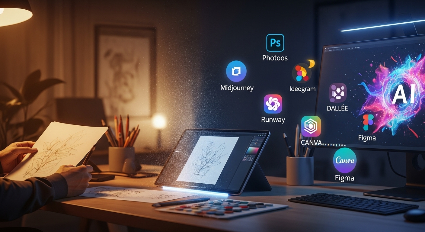 Designer working on a digital tablet with glowing AI-generated artwork on screen, representing the evolution from sketch to screen using generative AI tools like Midjourney, Leonardo AI, and Canva