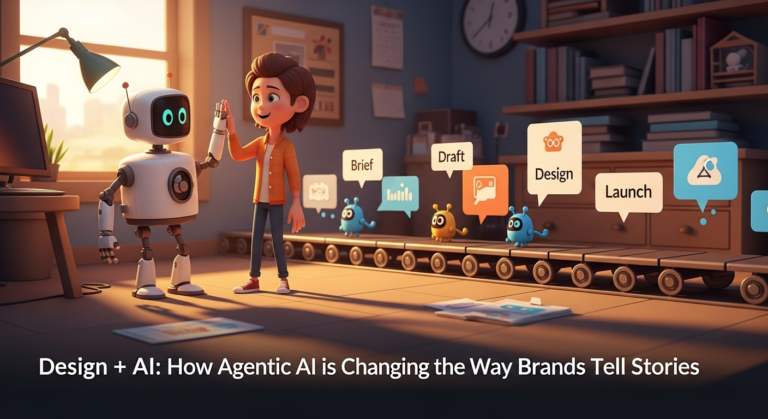 A designer collaborating with an AI assistant on a glowing digital screen, visual data and brand elements floating around them, symbolizing intelligent creativity.