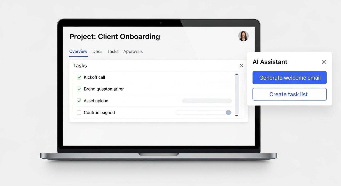 A professional workspace showing a laptop with ChatGPT Project interface open, representing organized AI-driven workflow.