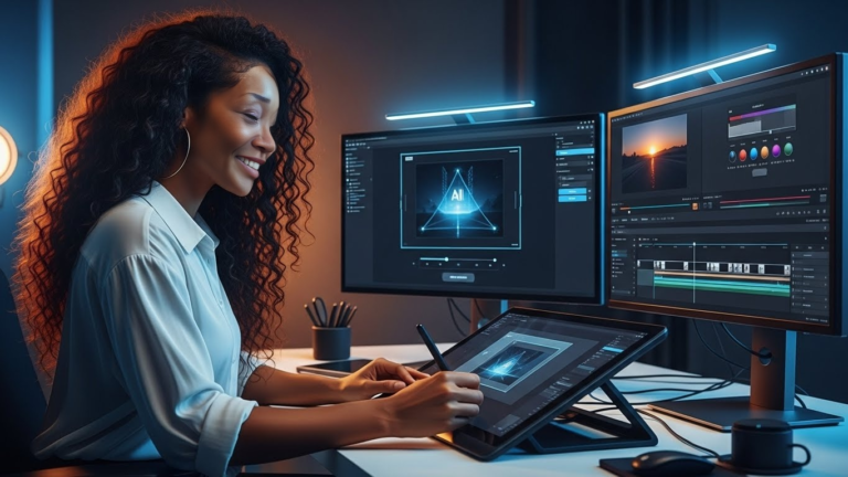 Beautiful African American designer using AI tools in a high-tech workspace creating digital graphics and video content.
