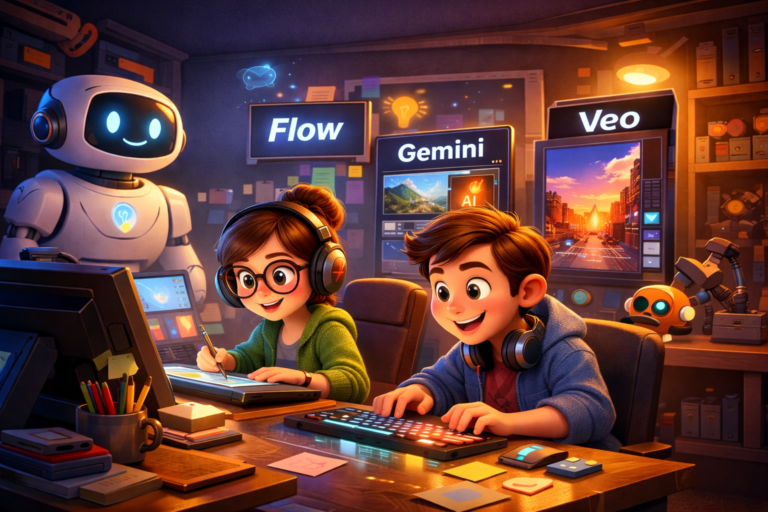 Illustration of young designers working in a futuristic creative studio using AI tools like Flow, Gemini, and Veo to streamline digital design workflows in 2026