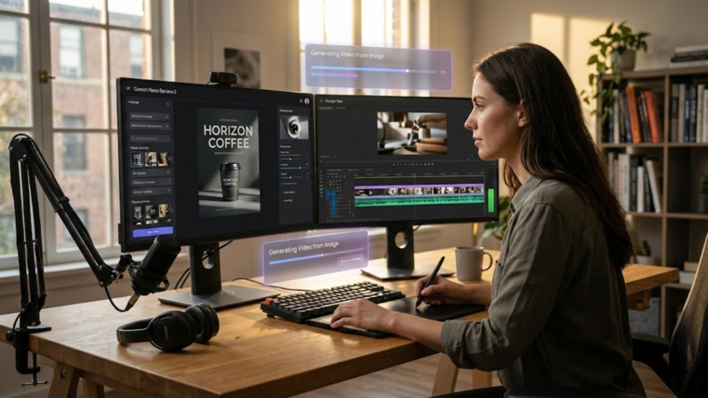 A professional designer using a multimodal AI workflow on dual monitors showing image generation and video timelines.