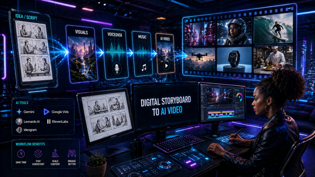 Futuristic creative studio showing digital storyboard to AI video workflow with African American female designer using advanced video editing and AI tools