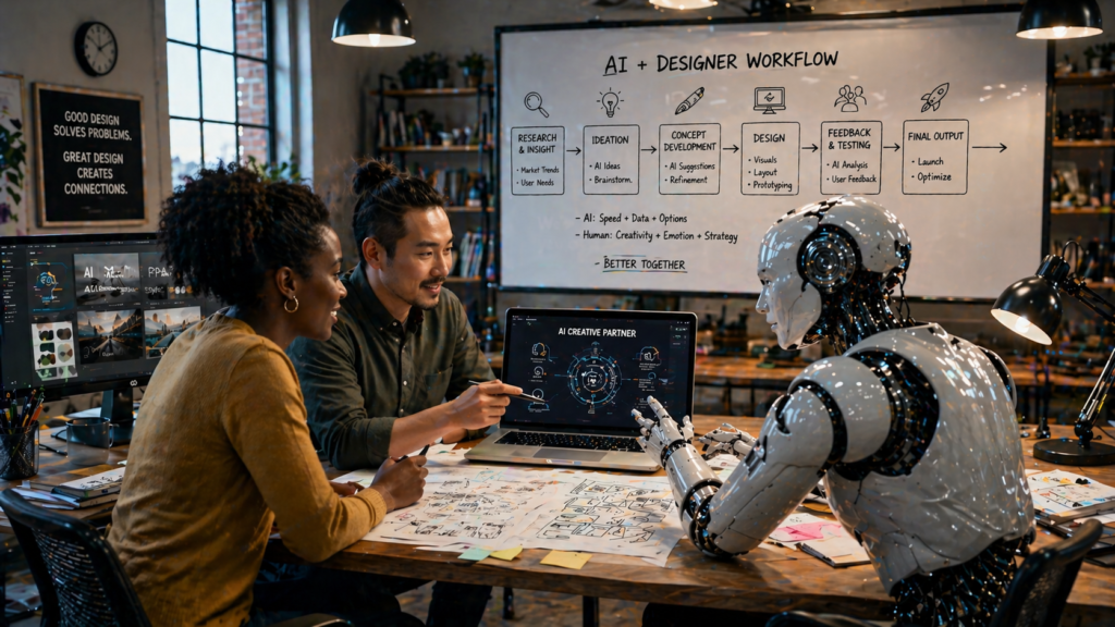 Diverse design team collaborating with AI creative partner to build workflow in modern studio with digital tools and whiteboard strategy