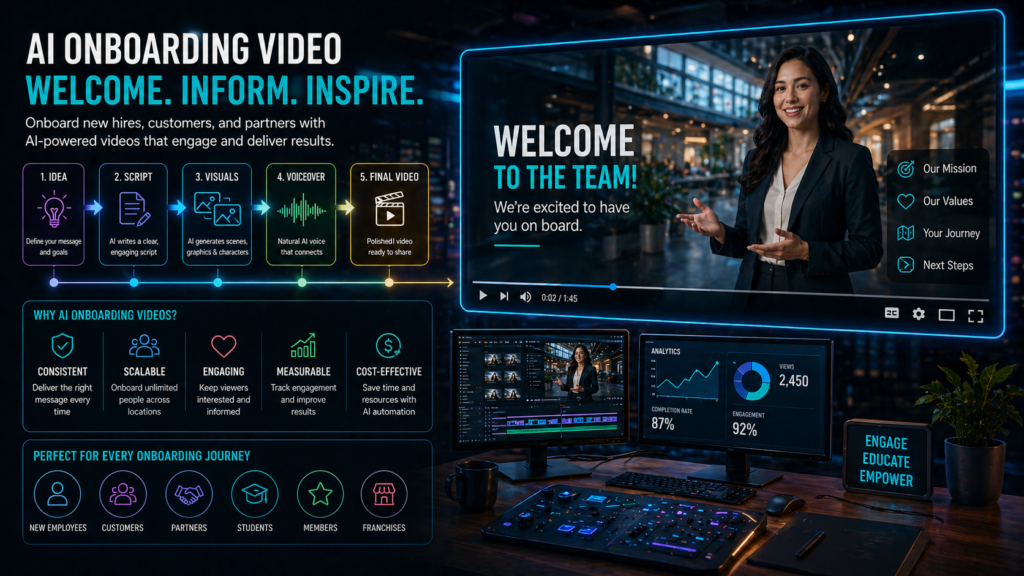 AI onboarding video workflow showing step by step process from idea to final video with modern dashboard and presenter in futuristic workspace